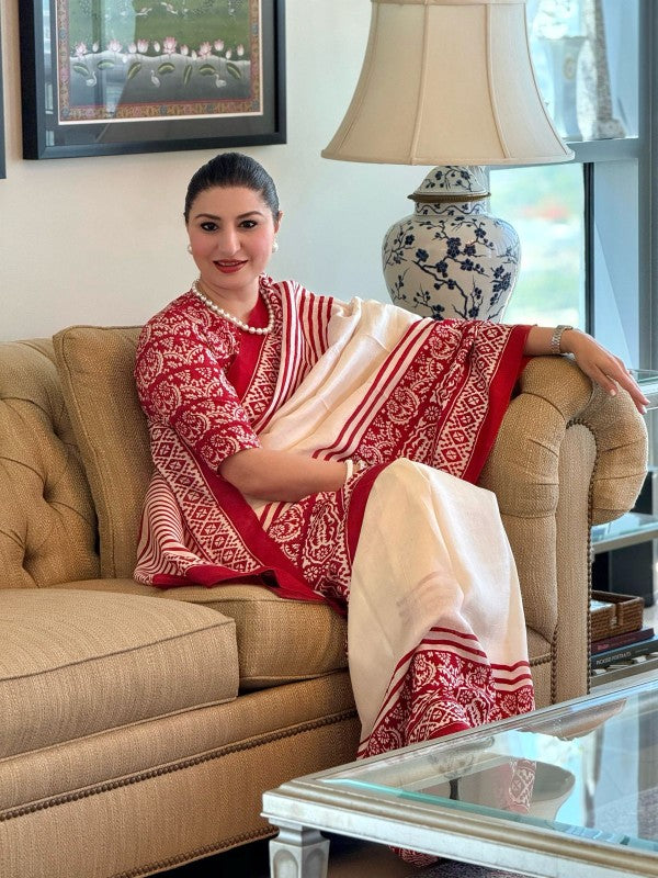 Off White Pure Handloom Tussar Silk Saree with Handblock Print on Border and Pallu  | SILK MARK CERTIFIED