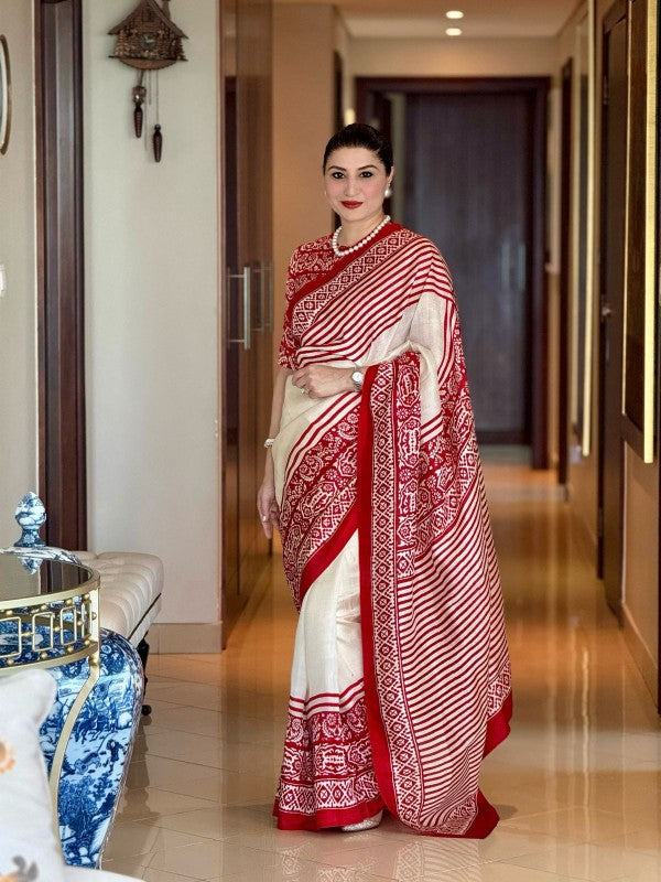 Off White Pure Handloom Tussar Silk Saree with Handblock Print on Border and Pallu  | SILK MARK CERTIFIED