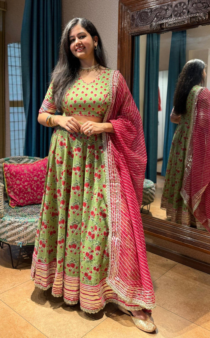 LUSH ROSE Green Handblock Printed Cotton Lehenga Set