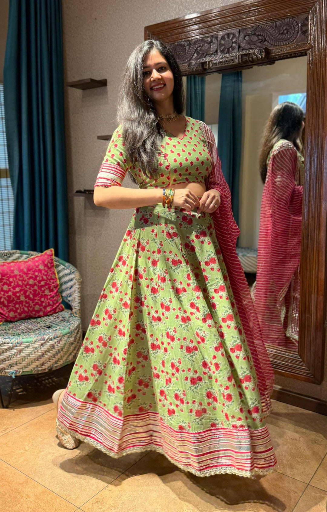 LUSH ROSE Green Handblock Printed Cotton Lehenga Set