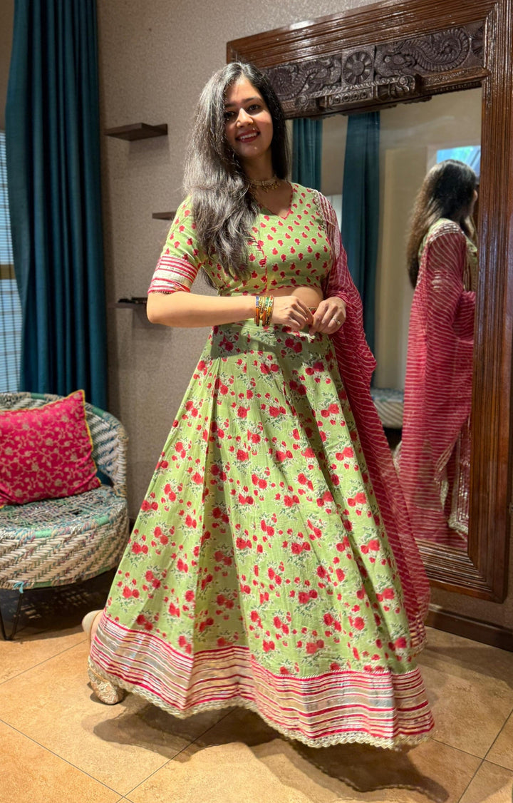 LUSH ROSE Green Handblock Printed Cotton Lehenga Set