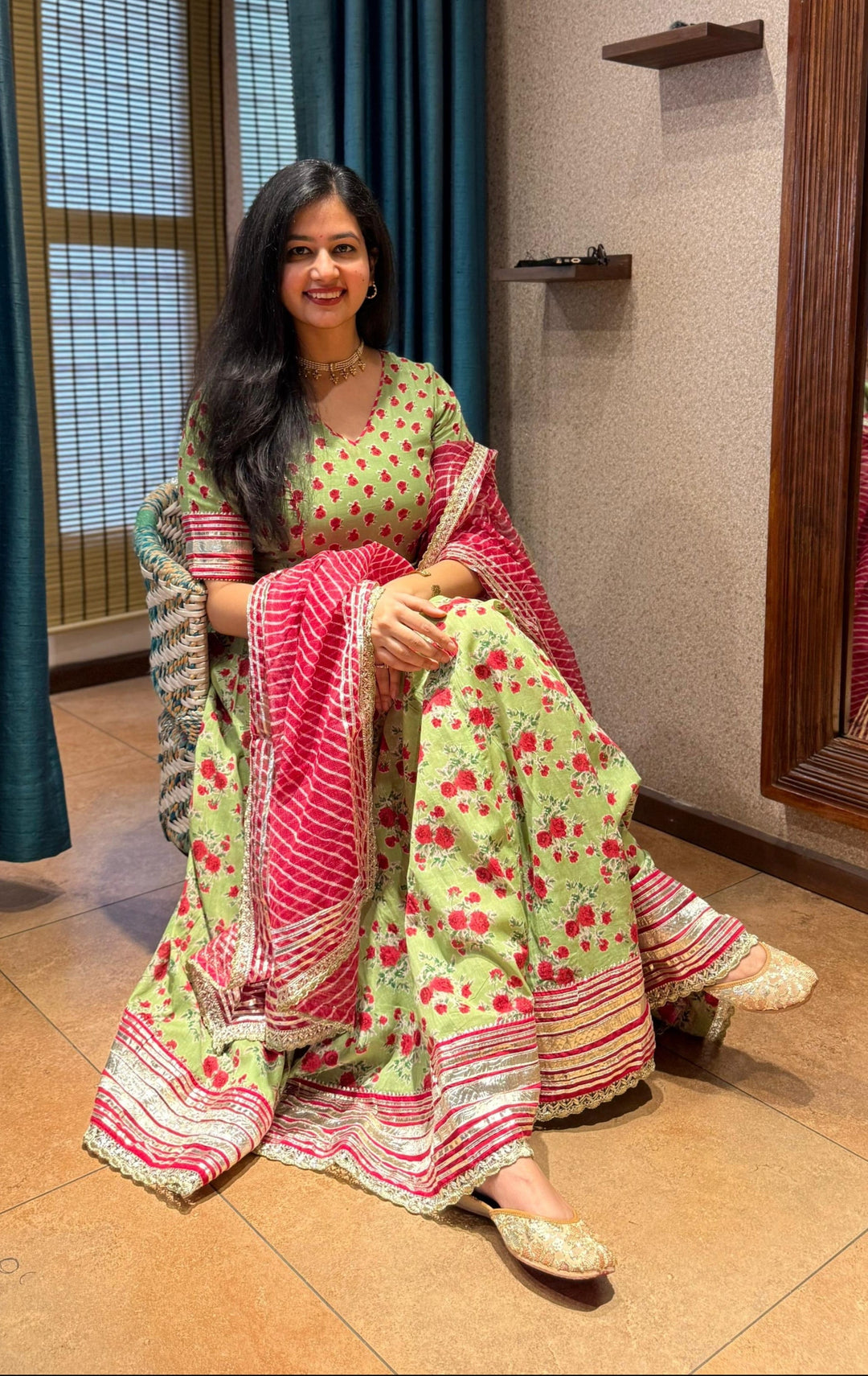 LUSH ROSE Green Handblock Printed Cotton Lehenga Set