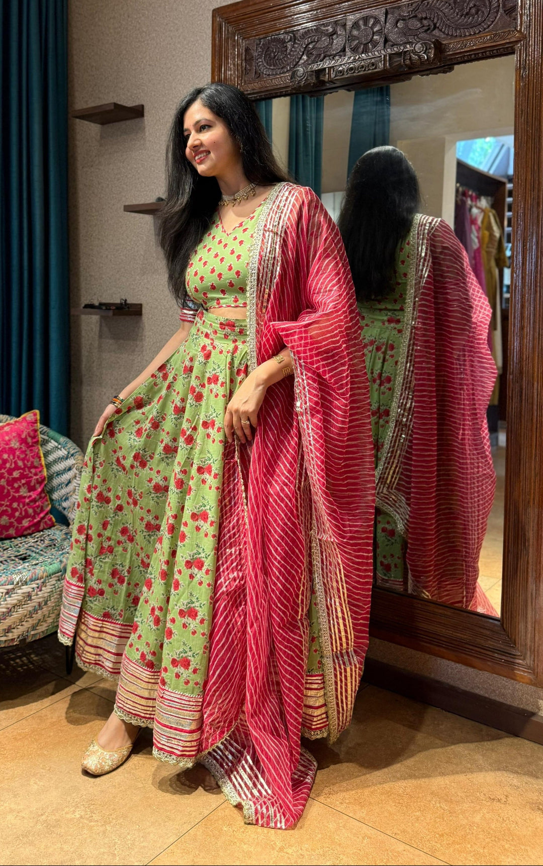 LUSH ROSE Green Handblock Printed Cotton Lehenga Set