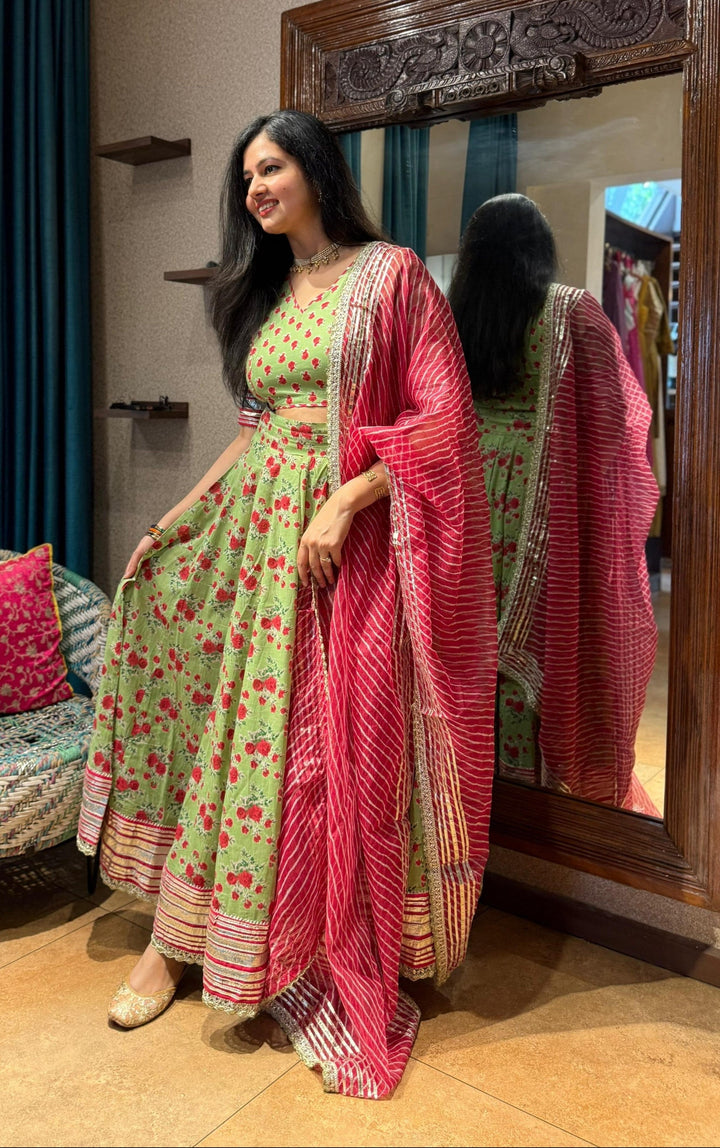 LUSH ROSE Green Handblock Printed Cotton Lehenga Set