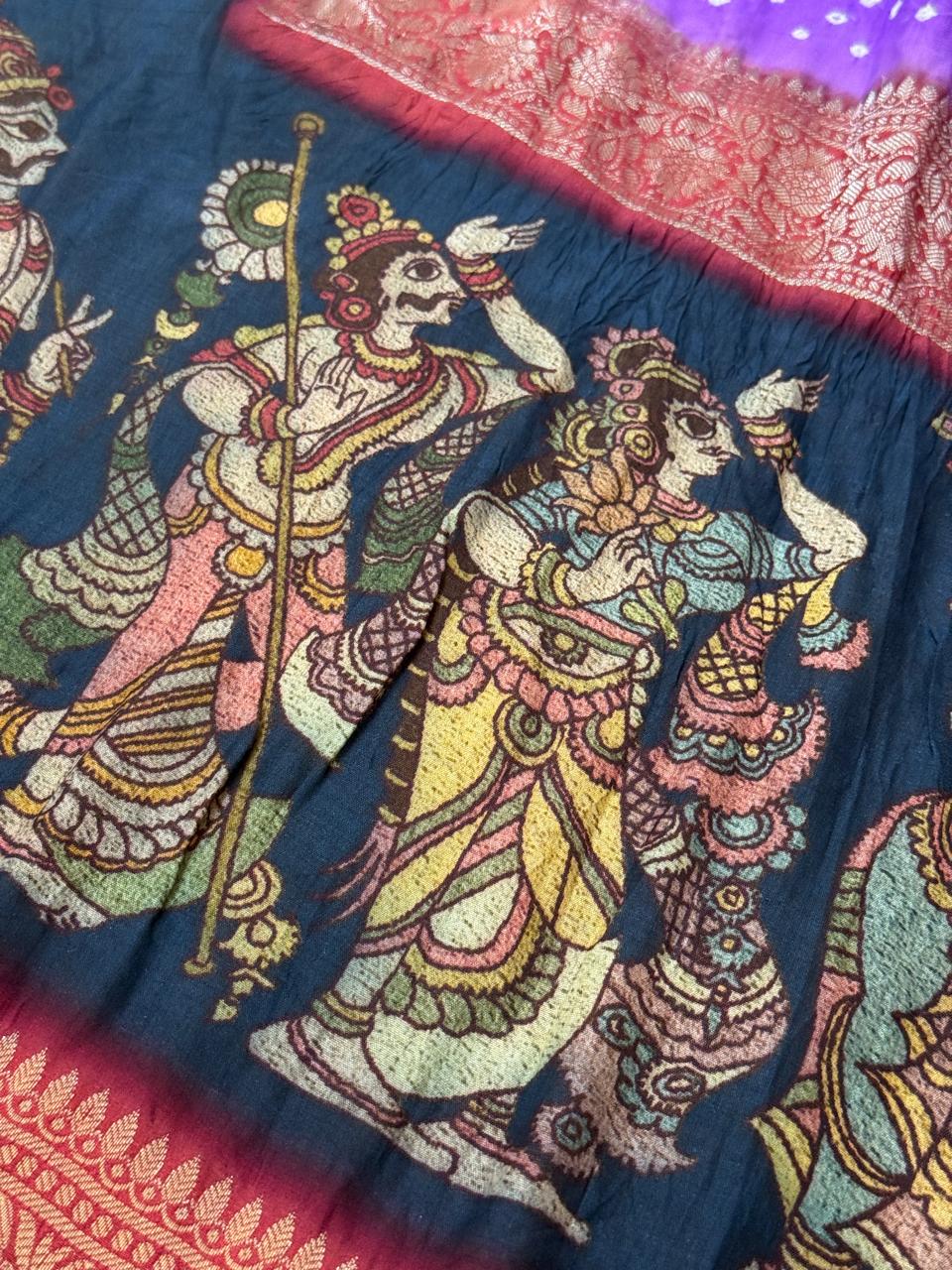 Lavender Pure Silk Saree with Kanchi Border,Hand Bandhini and Kalamkari Digital Print  | SILK MARK CERTIFIED