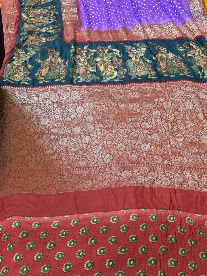 Lavender Pure Silk Saree with Kanchi Border,Hand Bandhini and Kalamkari Digital Print  | SILK MARK CERTIFIED