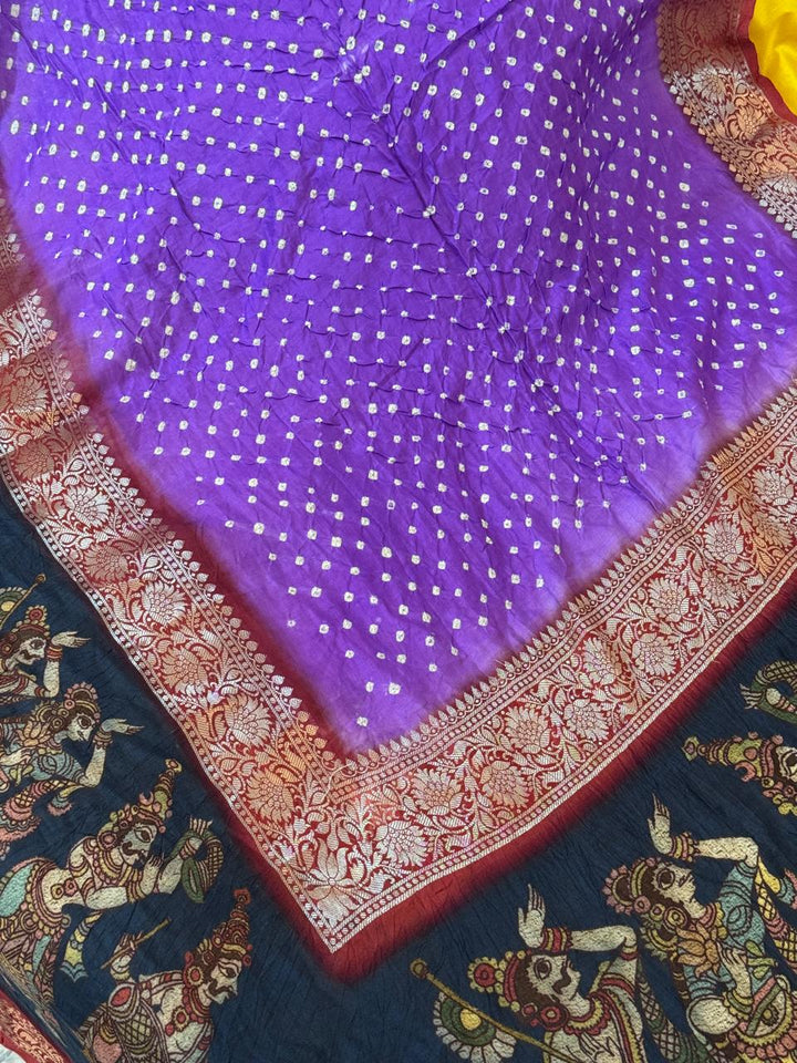 Lavender Pure Silk Saree with Kanchi Border,Hand Bandhini and Kalamkari Digital Print  | SILK MARK CERTIFIED