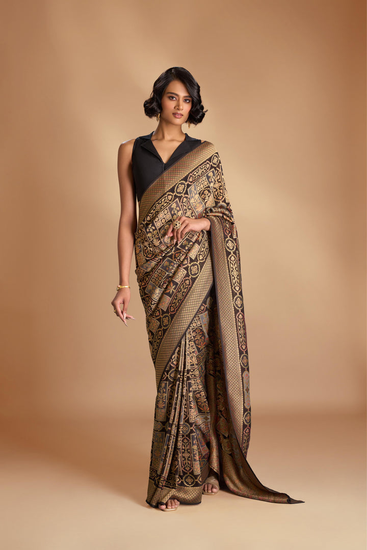 Vegan Georgette Floral Brocade Silk Saree in Black with zari border No Blouse Piece
