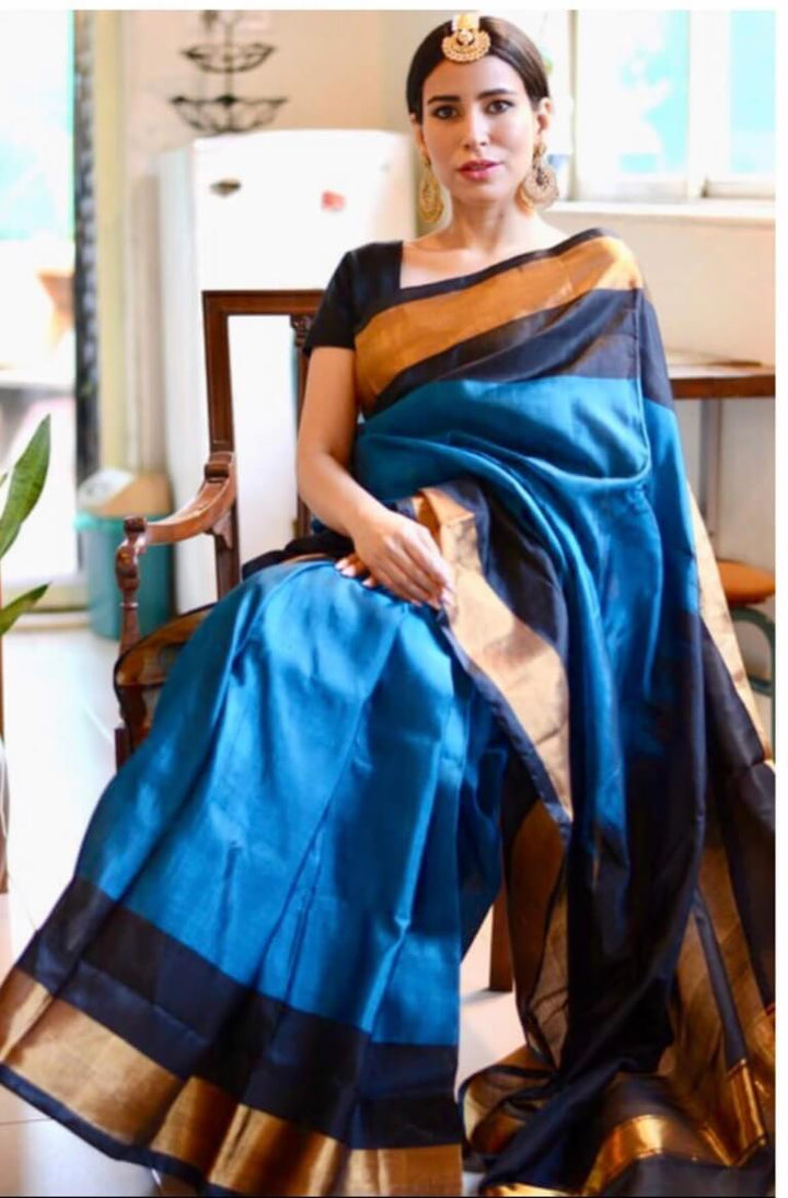 Blue Night Sky - Handwoven Cerulean Uppada Silk | SILK MARK CERTIFIED | SHOBITAM