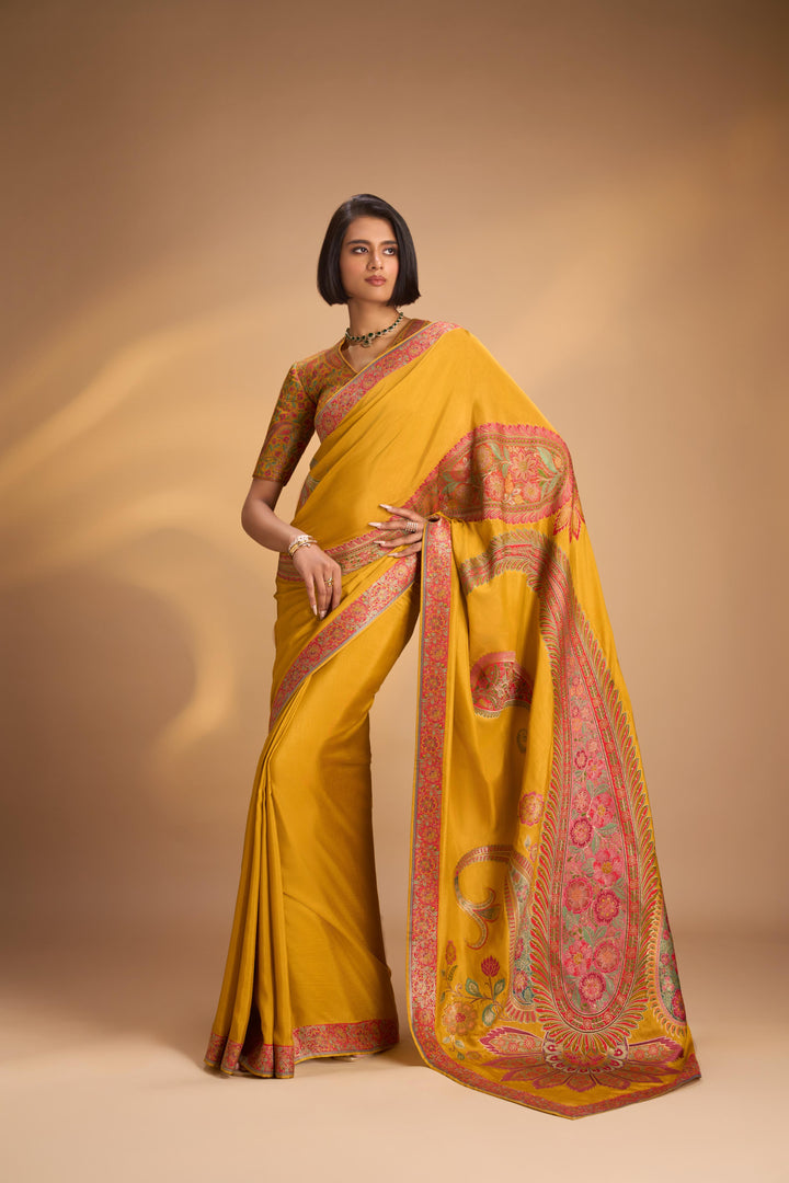 Vegan Soft Silk Saree with Floral Brocade and paisley motifs in mustard yellow with Embriodery border  No Blouse Piece