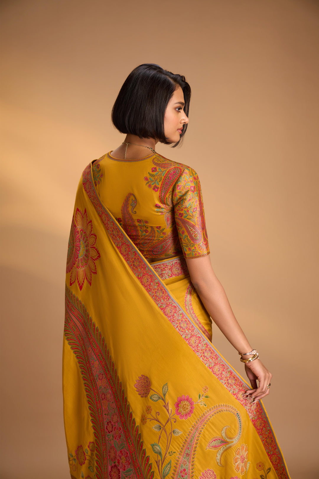 Vegan Soft Silk Saree with Floral Brocade and paisley motifs in mustard yellow with Embriodery border  No Blouse Piece