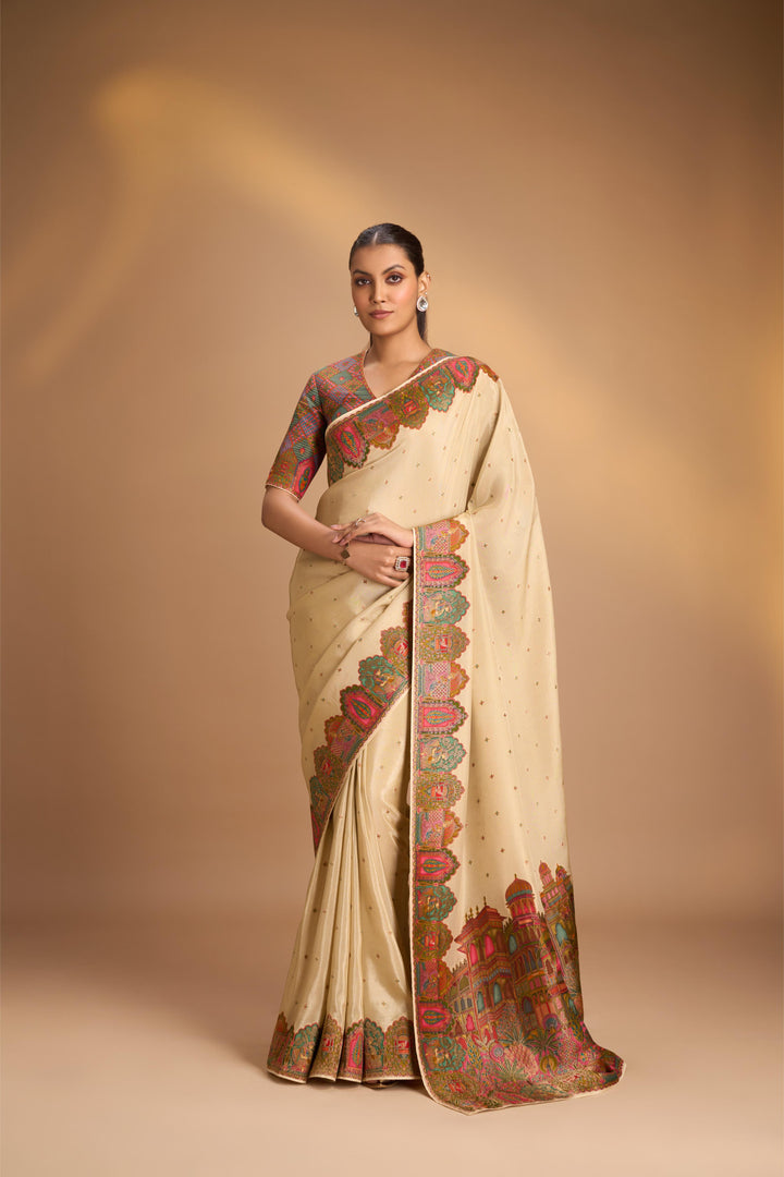 Beige Vegan  Viscose Shimmer Tissue Saree with Intricately Embroidery Border