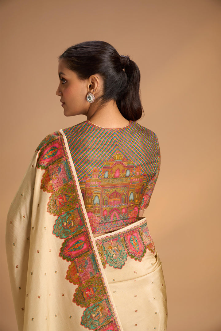 Beige Vegan  Viscose Shimmer Tissue Saree with Intricately Embroidery Border