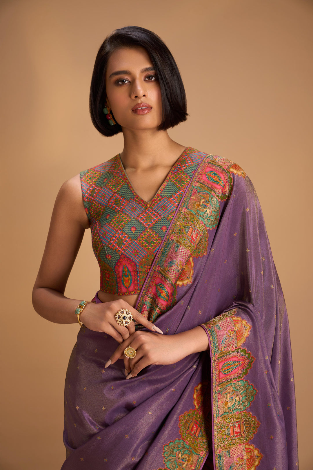 Vegan Silk Tissue Saree with Floral Embroiered Butta  in Purple  with an intricately Embriodery border  No Blouse Piece