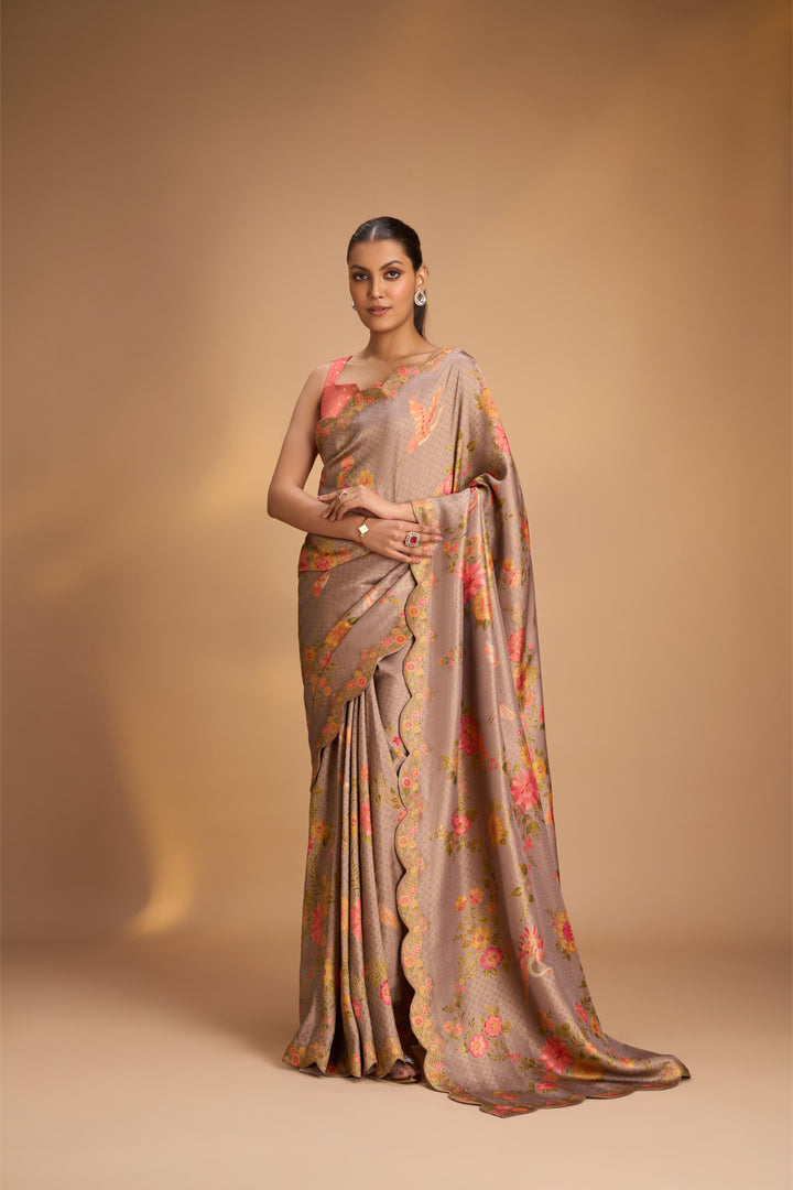 Vegan Silk Saree in Pastel Lavender with brocade  and Scallop border , No Blouse Piece
