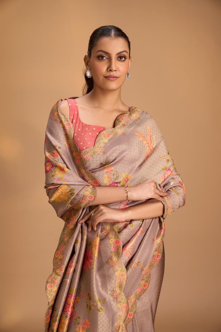 Vegan Silk Saree in Pastel Lavender with brocade  and Scallop border , No Blouse Piece