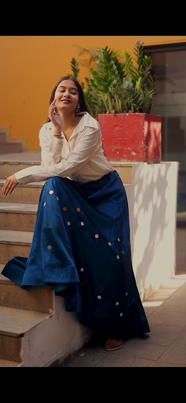 Prussian Blue Modal Silk Skirt with Chunky Kutchi Mirror Embroidery, Handmade Skirt, made to order