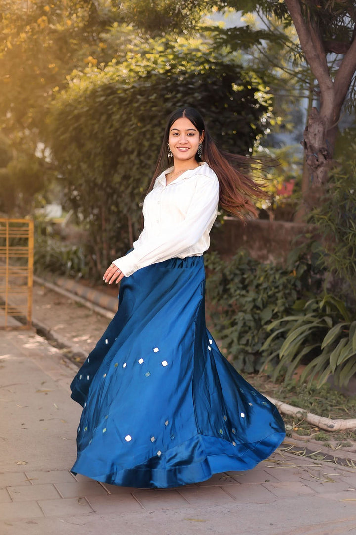 Prussian Blue Modal Silk Skirt with Chunky Kutchi Mirror Embroidery, Handmade Skirt, made to order