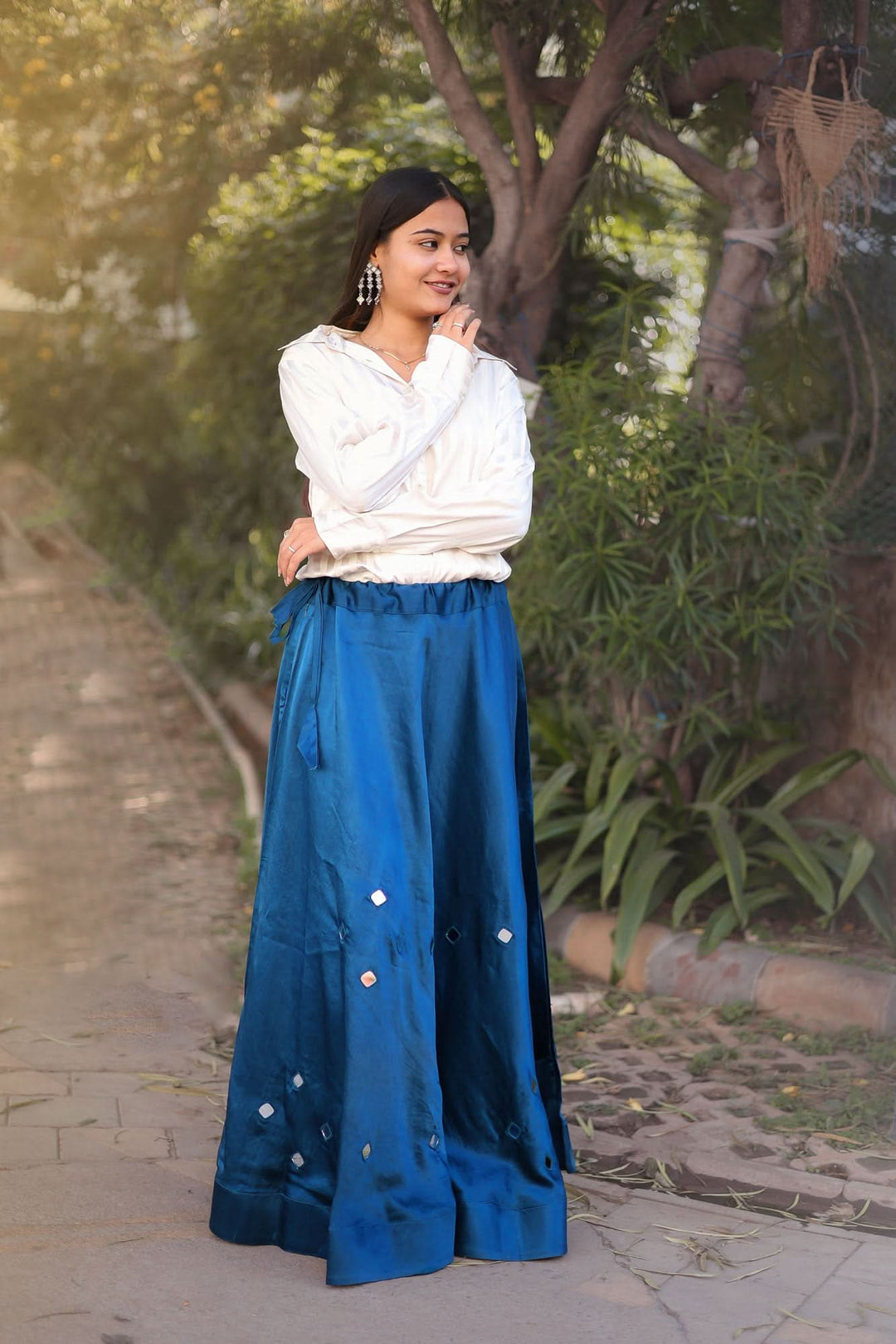 Prussian Blue Modal Silk Skirt with Chunky Kutchi Mirror Embroidery, Handmade Skirt, made to order