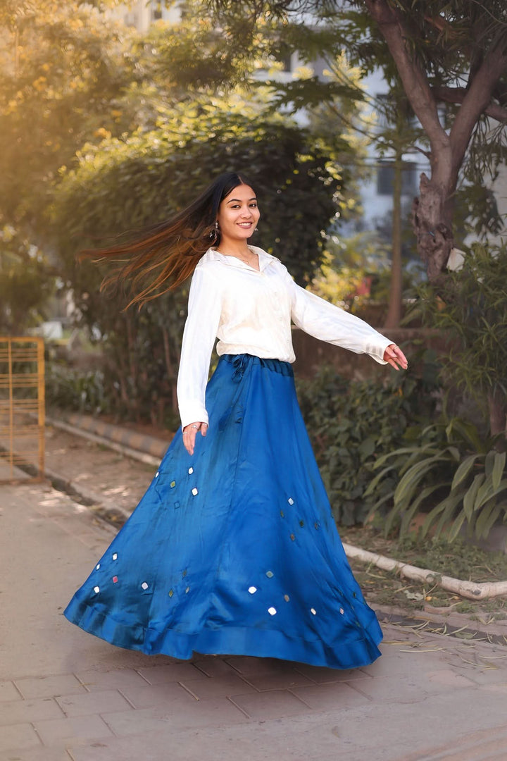 Prussian Blue Modal Silk Skirt with Chunky Kutchi Mirror Embroidery, Handmade Skirt, made to order
