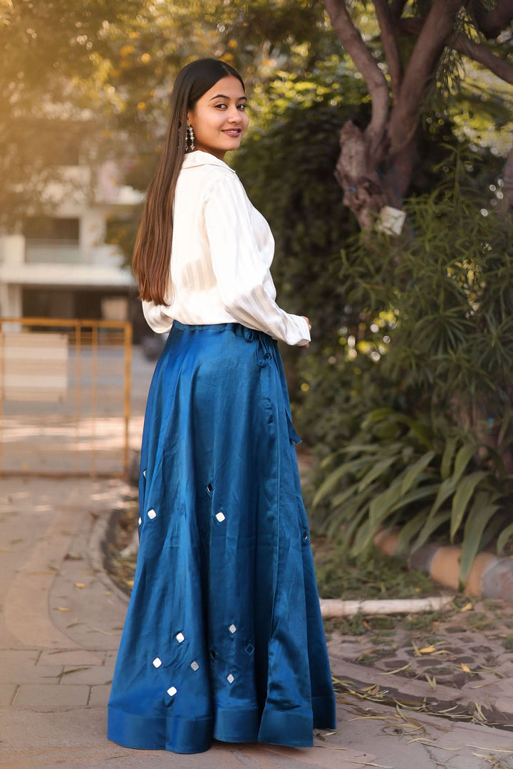 Prussian Blue Modal Silk Skirt with Chunky Kutchi Mirror Embroidery, Handmade Skirt, made to order