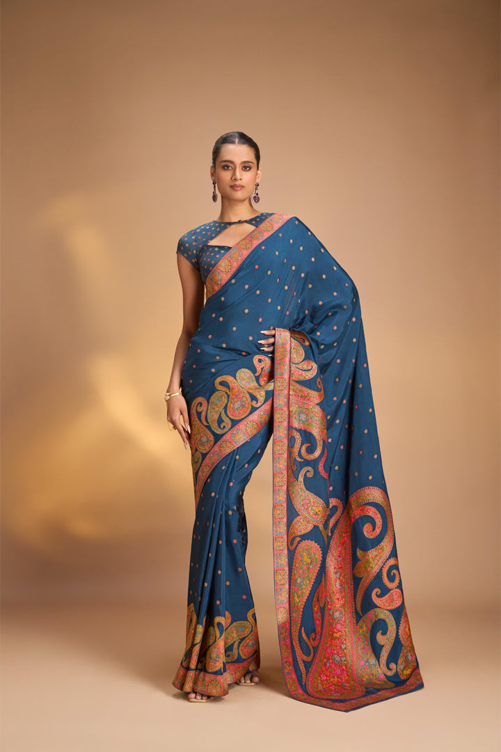 Persian Blue Vegan Viscose Silk Saree with Kashmiri Weave Kani Design and Border