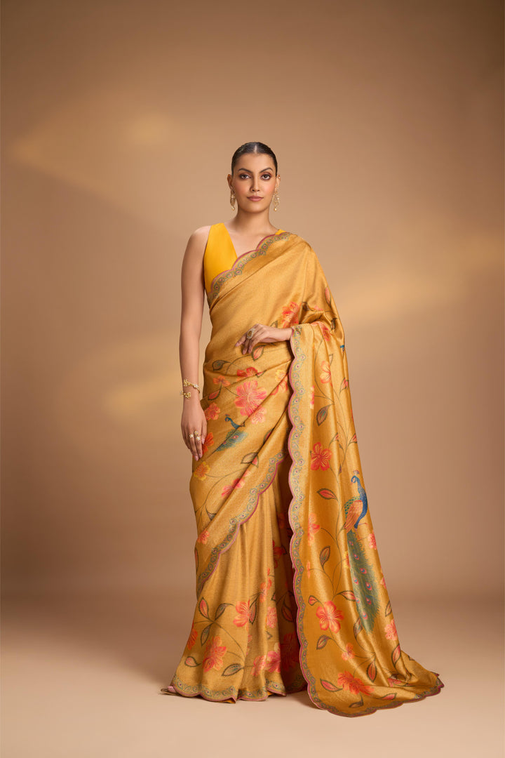 Mustard Yellow Vegan Soft Silk Saree with Floral-Peacock Design and Scallop Border