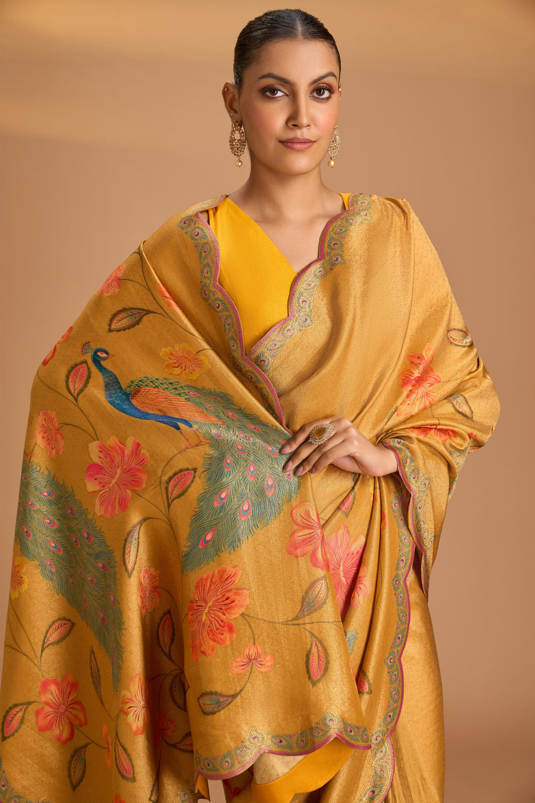 Mustard Yellow Vegan Soft Silk Saree with Floral-Peacock Design and Scallop Border