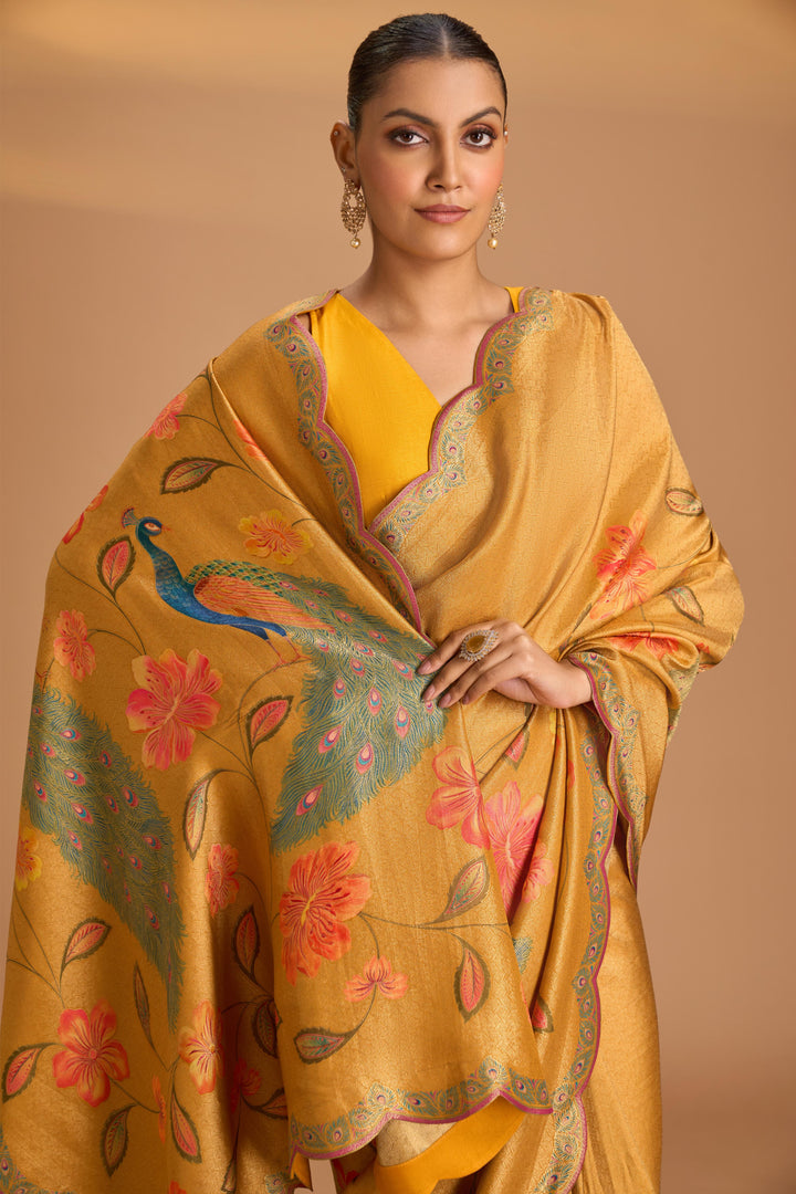 Mustard Yellow Vegan Soft Silk Saree with Floral-Peacock Design and Scallop Border