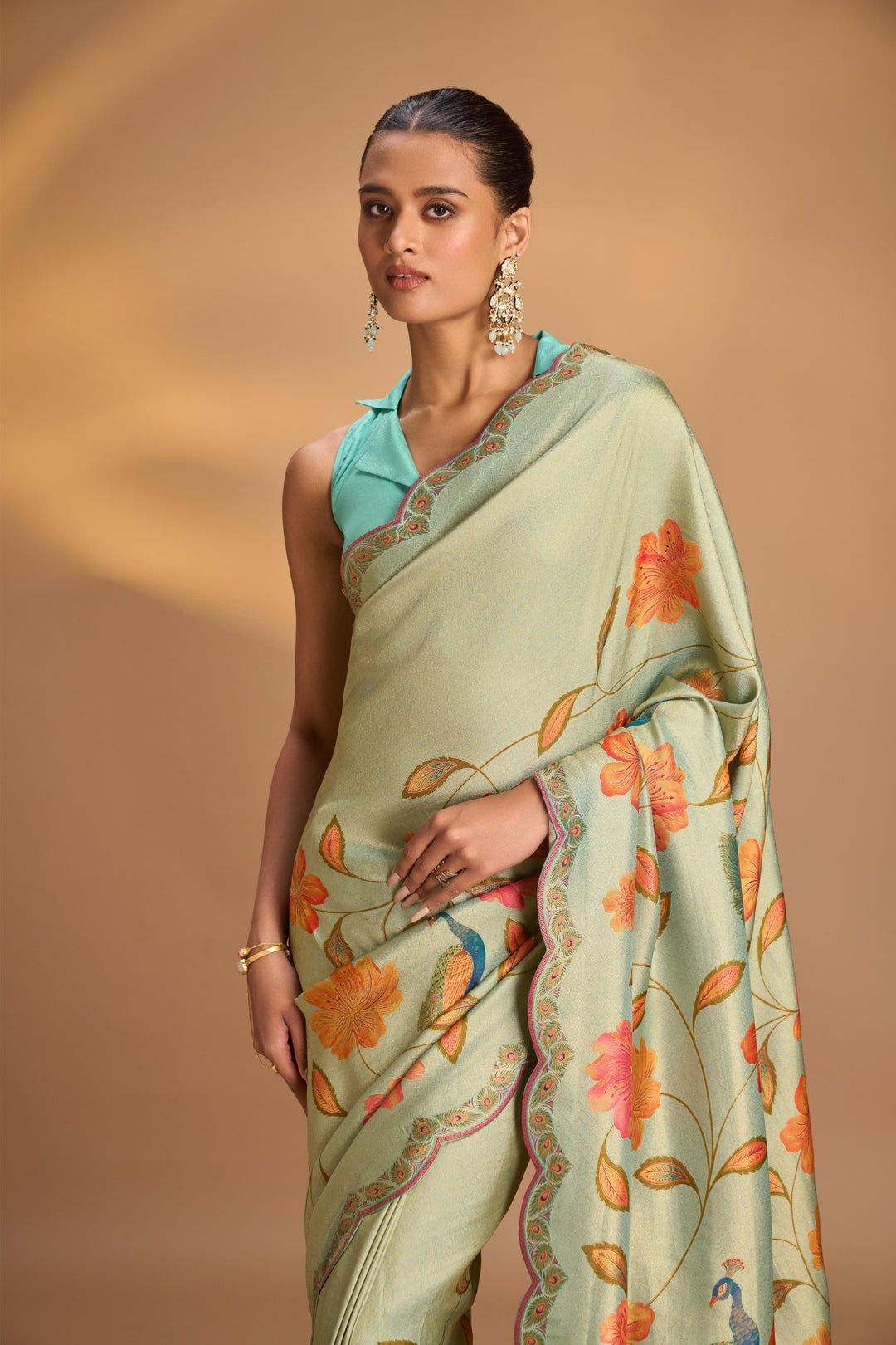 Vegan Silk Saree in Mint Green with Floral Jaal and Scallop Border, No Blouse Piece