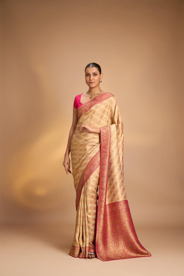 Vegan Silk Saree in Cream with Meenakari Floral Diagonal Stripes and Contrast Border