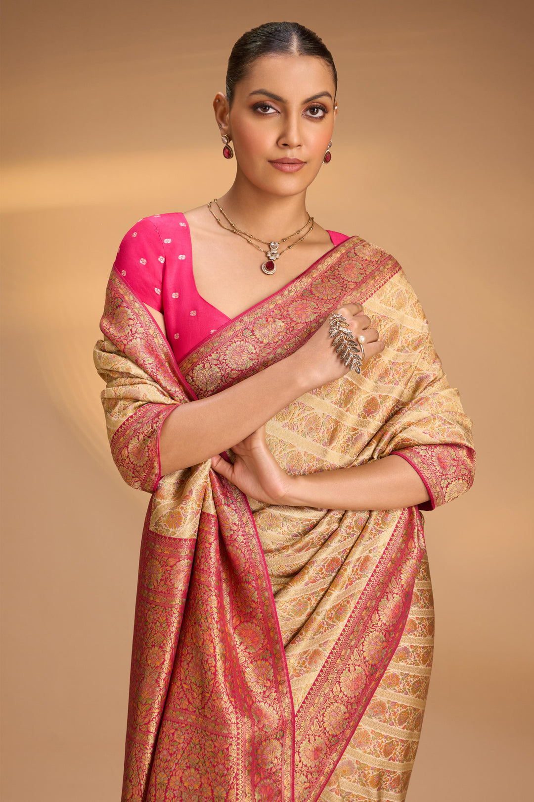 Vegan Silk Saree in Cream with Meenakari Floral Diagonal Stripes and Contrast Border