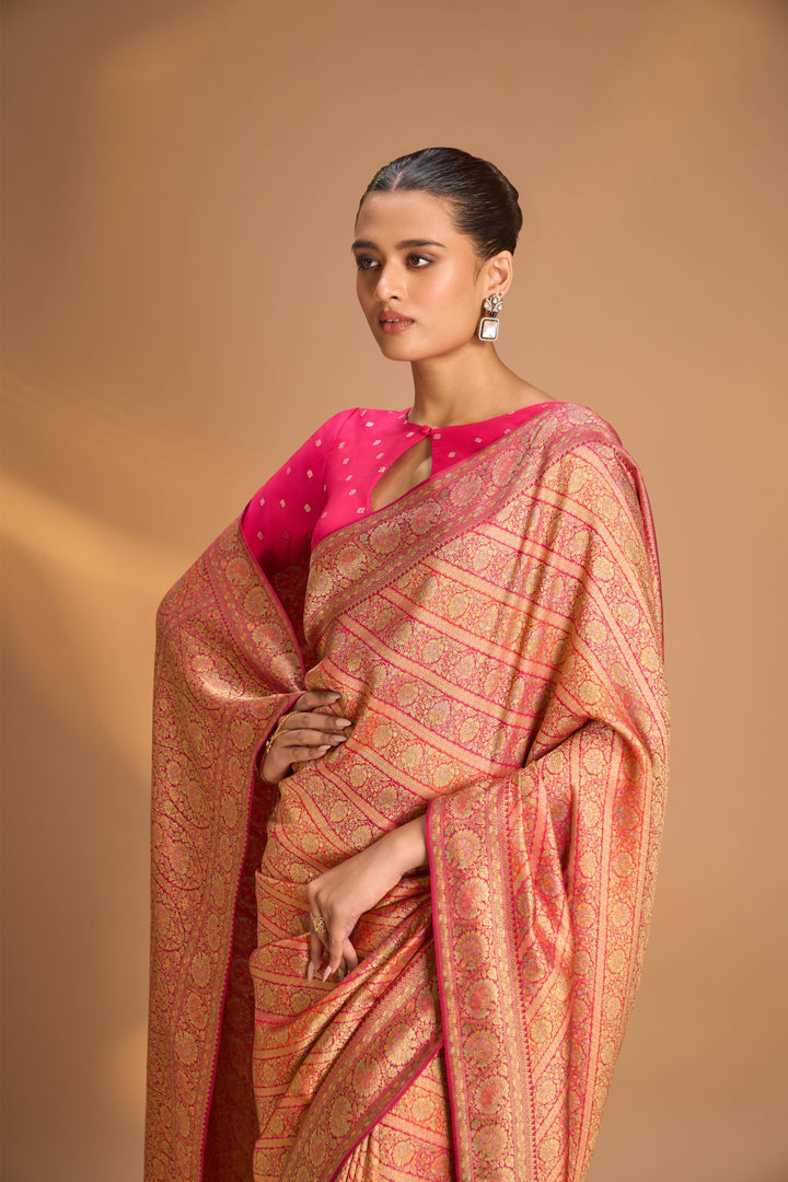 Vegan Silk Saree in Pink with Lehriya Design and Border, No Blouse Piece