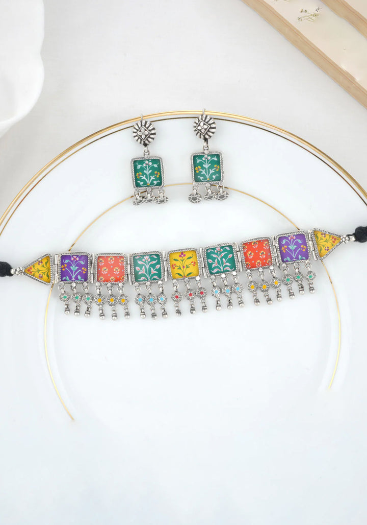 92.5 Silver Pichwai Handpainted multicolor Choker and earrings set