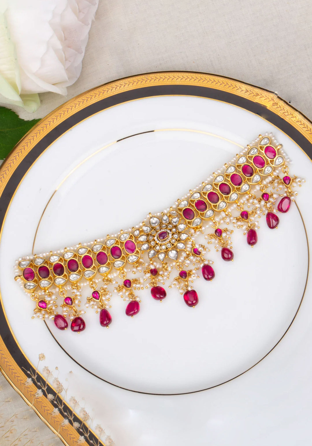 925 Silver Kundan Choker Set with irregular cut dangling stones