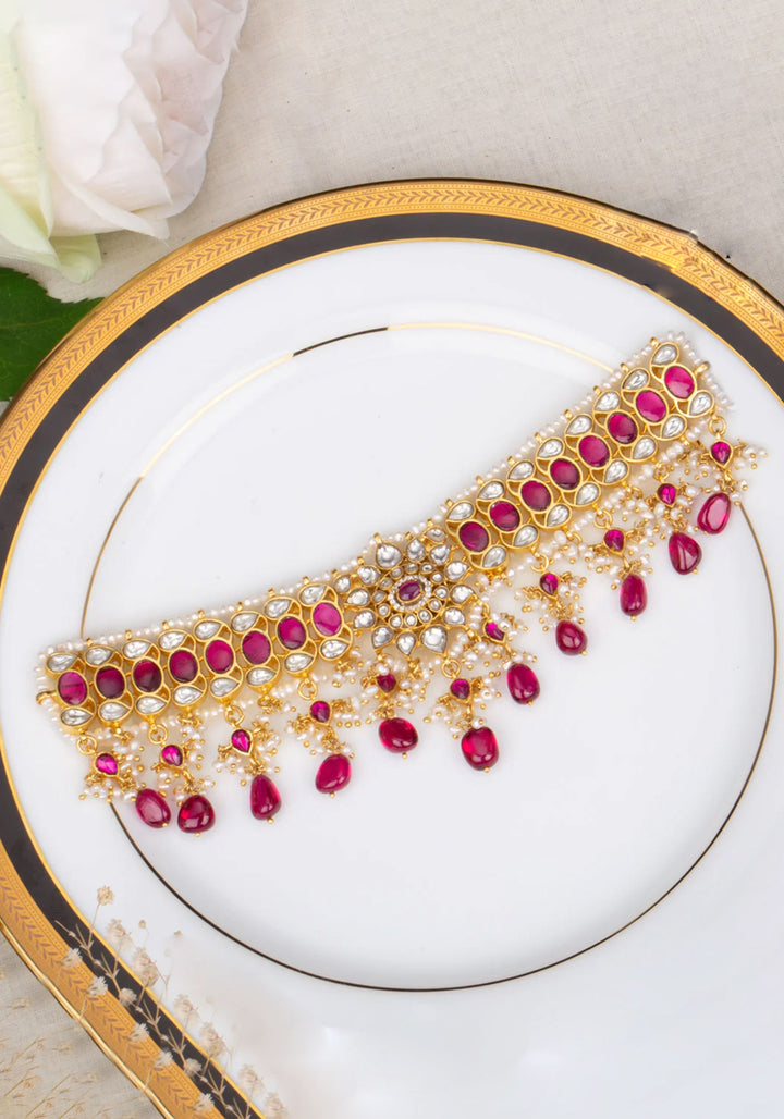 925 Silver Kundan Choker Set with irregular cut dangling stones
