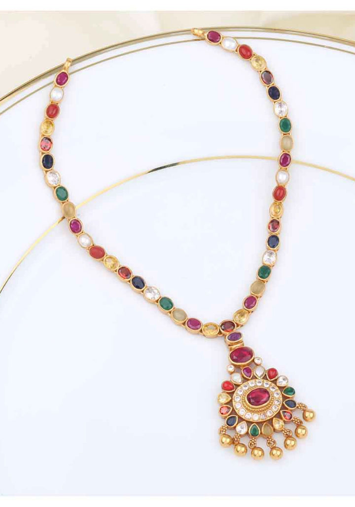 92.5 Silver Navratna Necklace with 24K gold plating