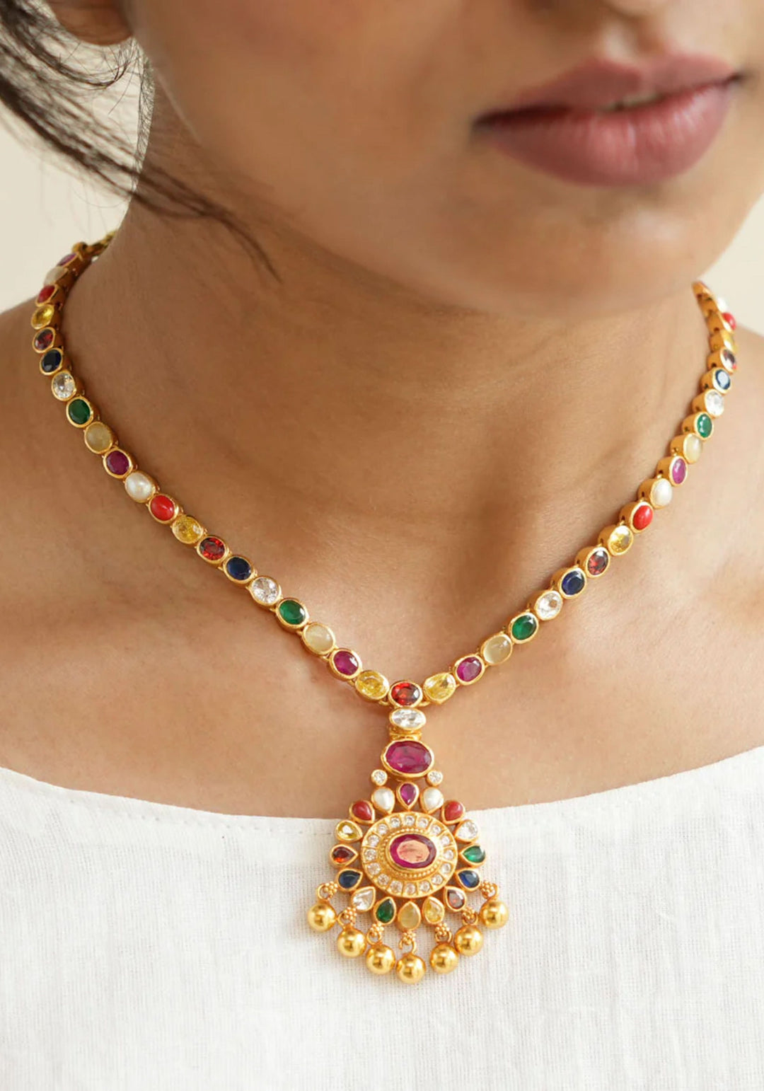 92.5 Silver Navratna Necklace with 24K gold plating
