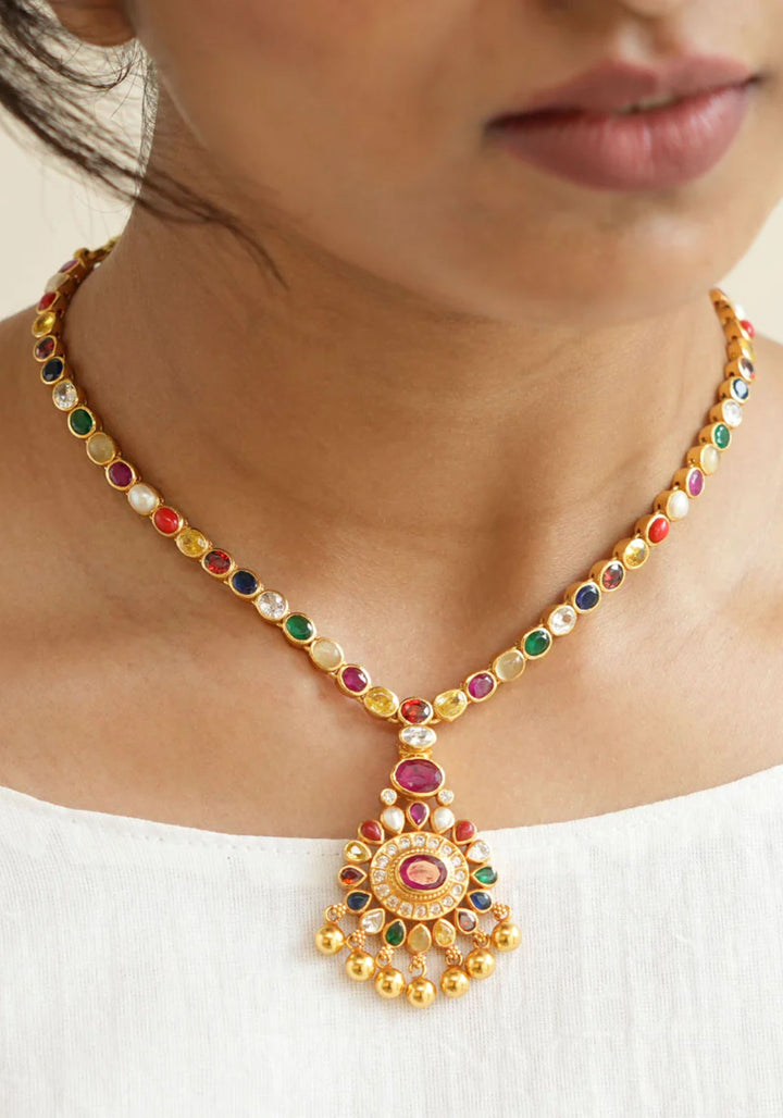 92.5 Silver Navratna Necklace with 24K gold plating