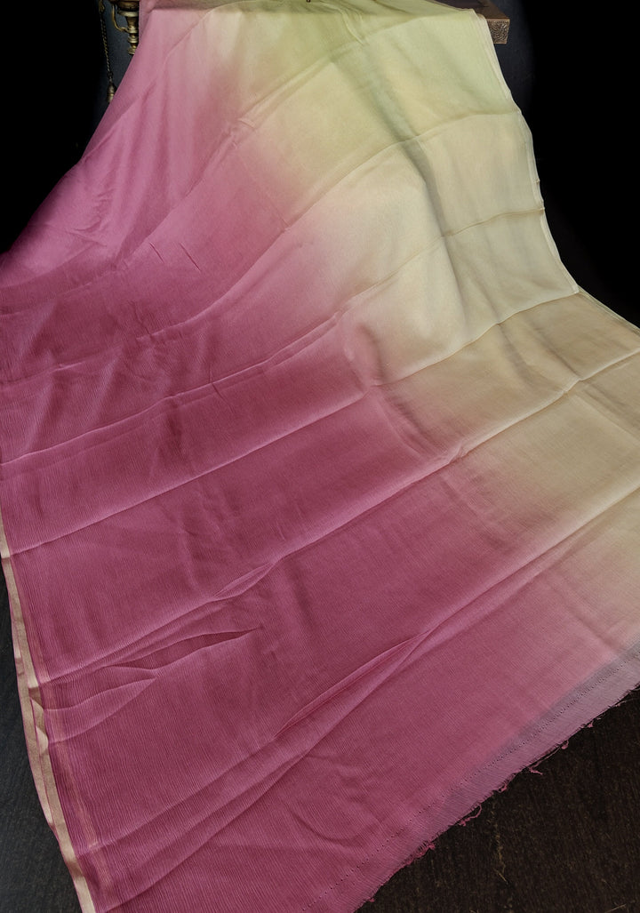 Bollywood style ombre pure chiffon Saree in Butter Yellow and Strawberry Pink, No Blouse Piece