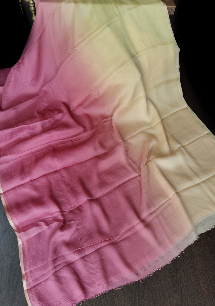 Bollywood style ombre pure chiffon Saree in Butter Yellow and Strawberry Pink, No Blouse Piece