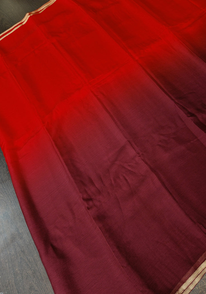 Bollywood style ombre pure chiffon in Red and Maroon, No Blouse Piece