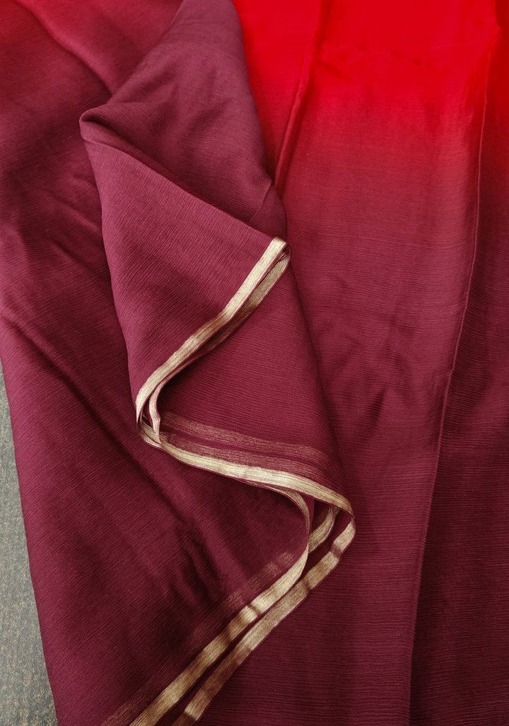 Bollywood style ombre pure chiffon in Red and Maroon, No Blouse Piece