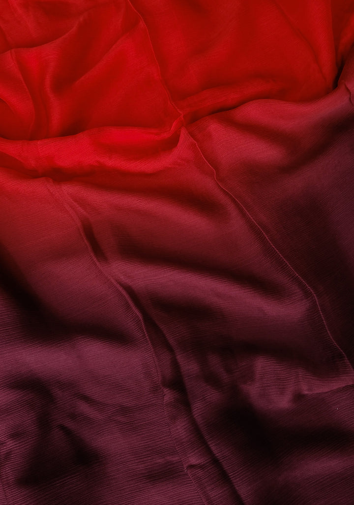 Bollywood style ombre pure chiffon in Red and Maroon, No Blouse Piece