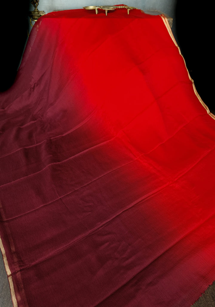 Bollywood style ombre pure chiffon in Red and Maroon, No Blouse Piece