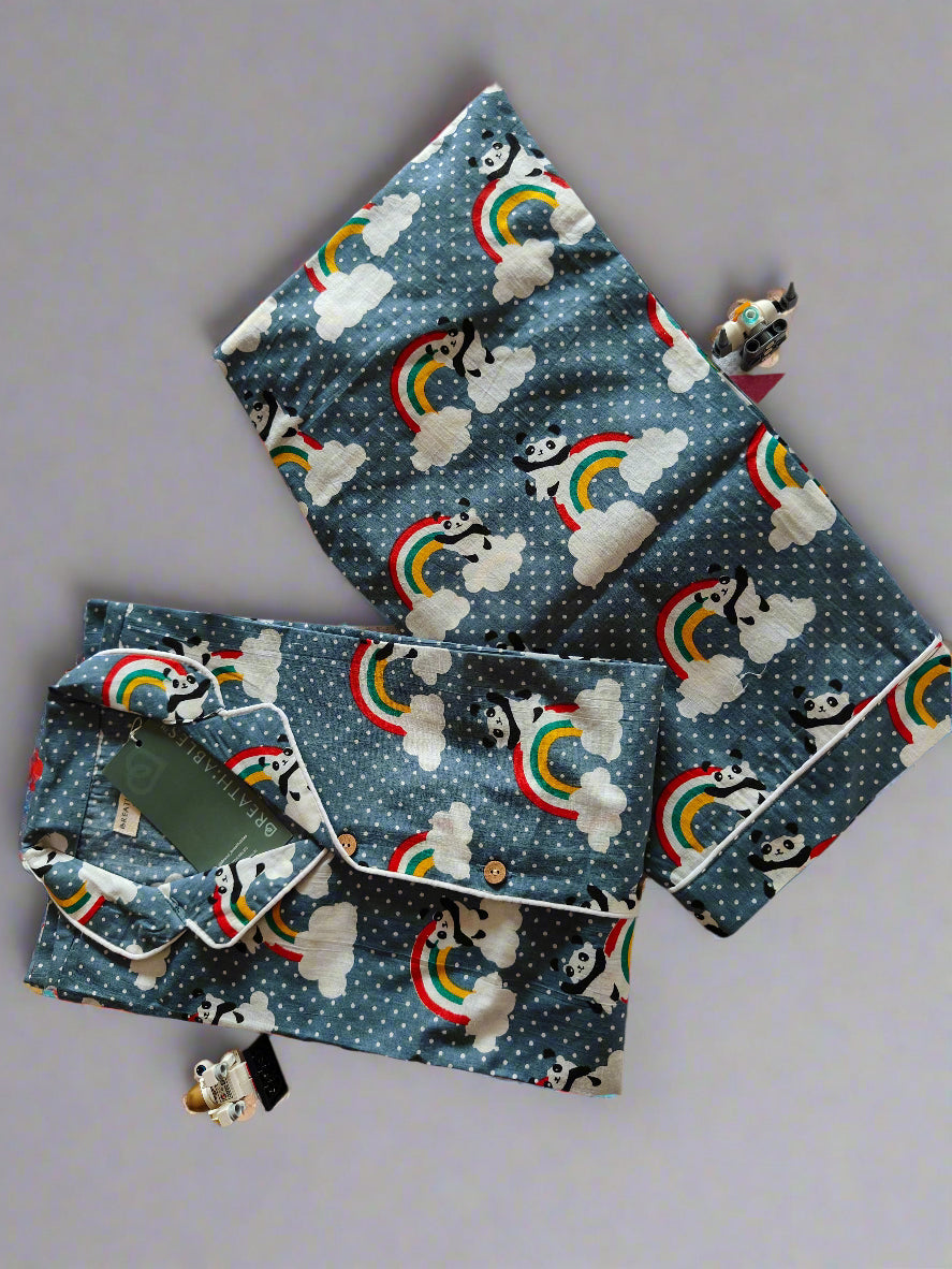 Rainbow Panda in Grey Cotton Print Nightsuit | SHOBITAM
