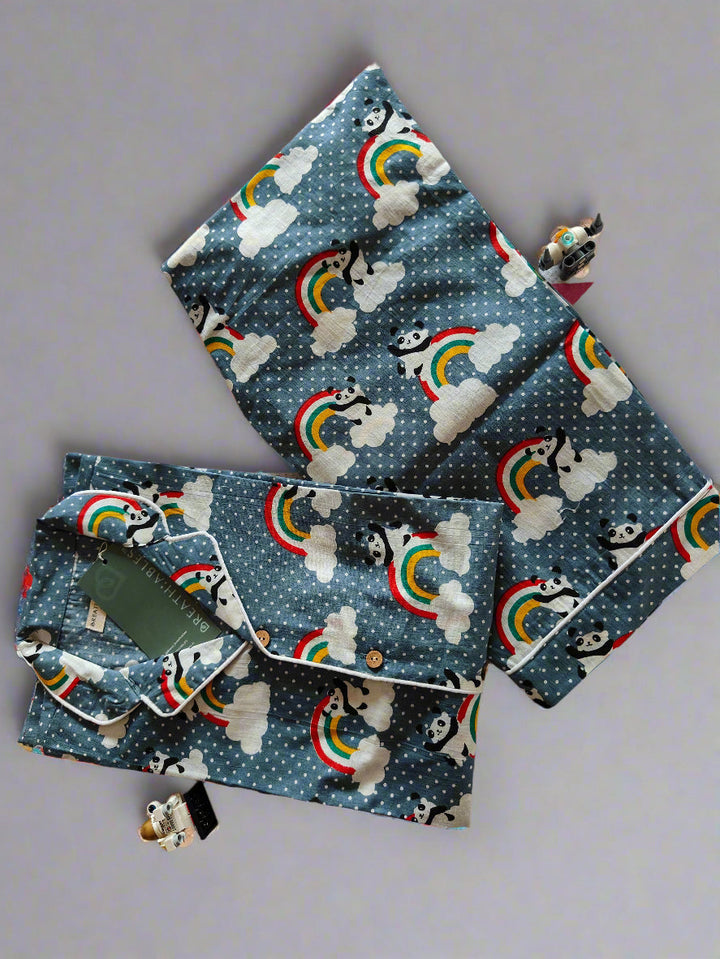 Rainbow Panda in Grey Cotton Print Nightsuit | SHOBITAM