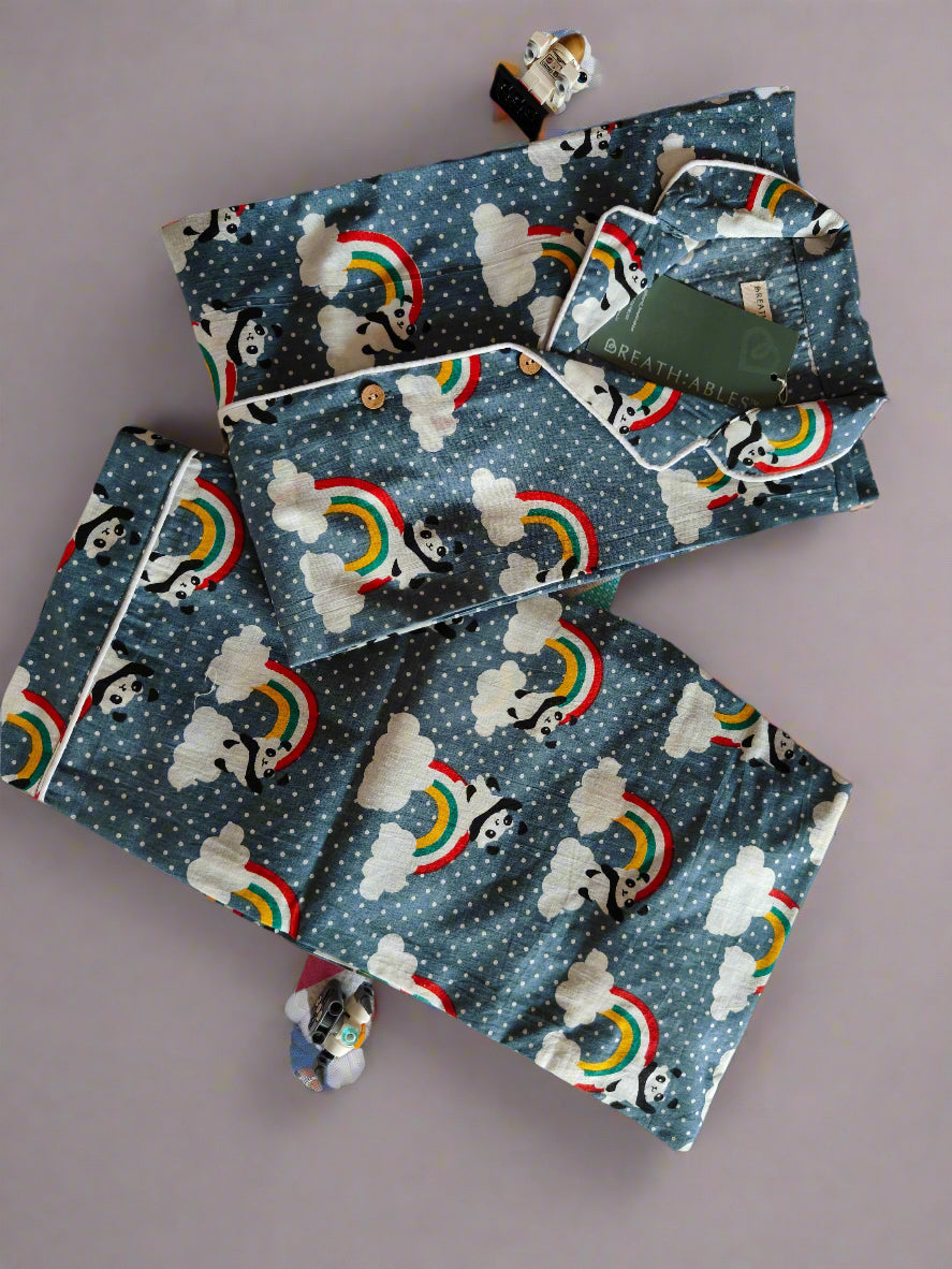 Rainbow Panda in Grey Cotton Print Nightsuit | SHOBITAM