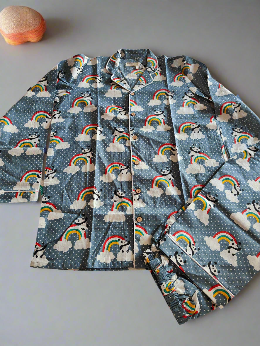 Rainbow Panda in Grey Cotton Print Nightsuit | SHOBITAM