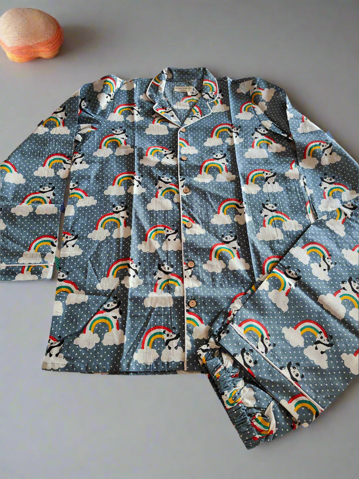 Rainbow Panda in Grey Cotton Print Nightsuit | SHOBITAM